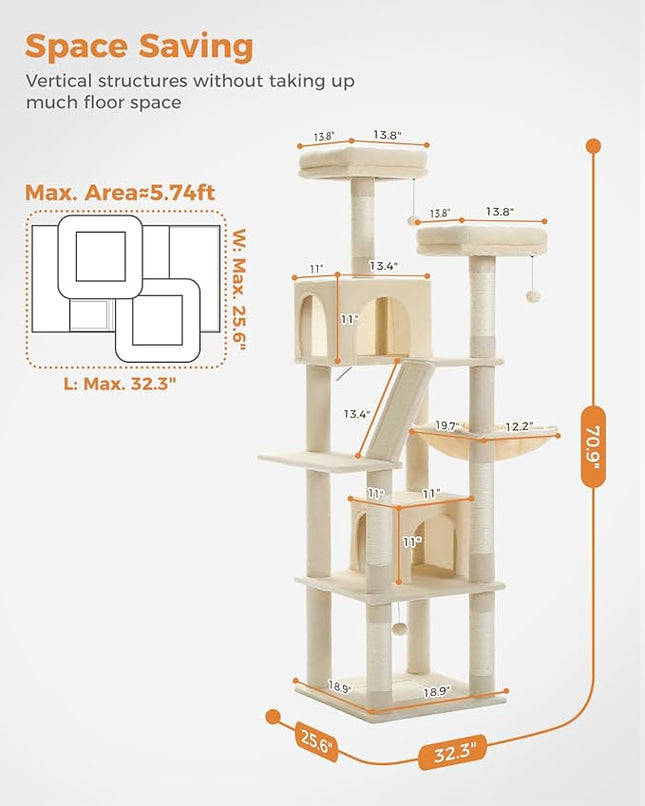 PAWZ Road 70 Inch Cat Tower, Tall Cat Tree with 2 Cozy Condos, 2 Plush Perch, Large Basket, 2 Scraching Pad & 6 Scraching Posts for Indoor Cats Large Adult, Beige