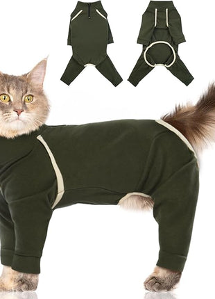 Cat Pajamas - Army Green, L - Prevents Hair Loss, Sticky Hair Clothes, Sphynx Clothes, Anti-Licking or Skin Disease Recovery Suit for Female Cats, Pet Apparel Onesie