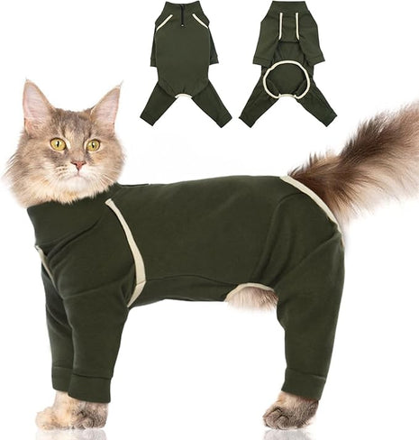 Cat Pajamas - Army Green, L - Prevents Hair Loss, Sticky Hair Clothes, Sphynx Clothes, Anti-Licking or Skin Disease Recovery Suit for Female Cats, Pet Apparel Onesie