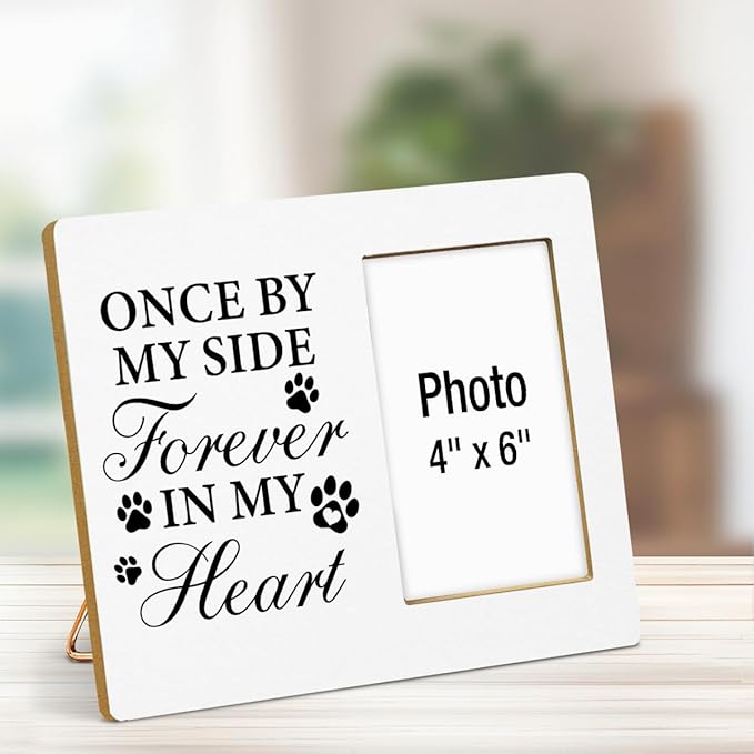 Dog Memorial Gifts Picture Frame, Pet Memorial Gifts for Dogs, Lost of Pet Sympathy Present, Once by My Side Forever in My Heart Wood Photo Frames with Paw Print, 4 x 6 Inch Photo