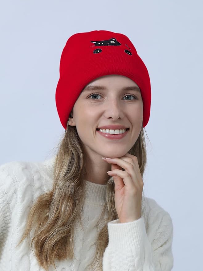 Women’s Cat Beanie Cute Cat Lover Gifts Animal Knitted Hats Christmas Stocking Stuffers for Women Girls