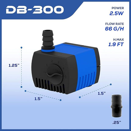 66 GPH Submersible Water Pump - Adjustable Quite Aquariums, Fountains, Hydroponics, and Pond Pump, 1.9 ft Lift, 2.5W - 5 Pack