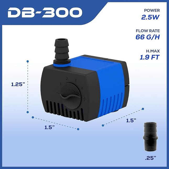 66 GPH Submersible Water Pump - Adjustable Quite Aquariums, Fountains, Hydroponics, and Pond Pump, 1.9 ft Lift, 2.5W - 5 Pack