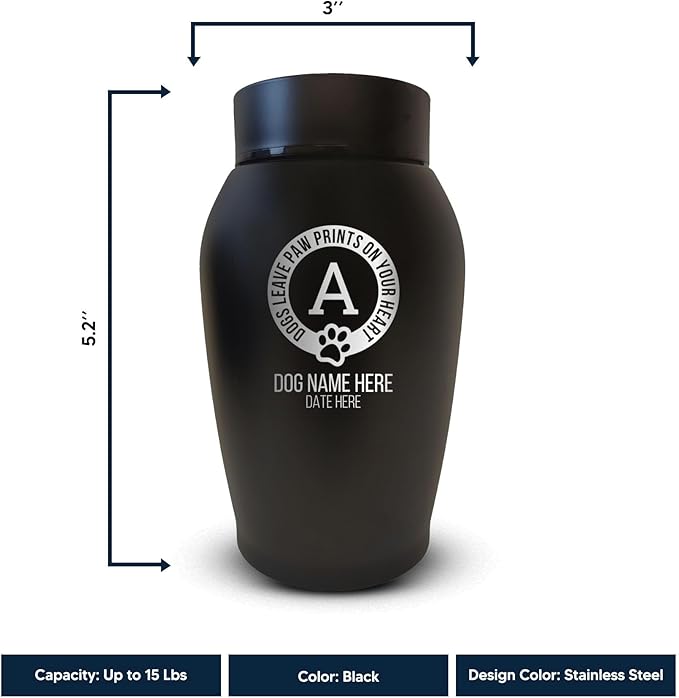 Personalized Custom Small Keepsake Urn Engraved with Pet Name, Date, and Dog Design - 5.2" Black Powder Coated Steel Cremation Urn for Dogs Ashes | 12-16 lb Capacity, Paw Prints on Hearts