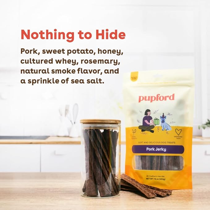 Pupford Pork Jerky for Dogs & Puppies, All-Natural, Healthy Dog Treats, No Fillers, Made in USA (10 oz)