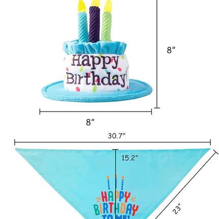 Large Dog Birthday Cake Hat & Bandana Scarfs Set Blue, Handmade Dog Happy Birthday Hat with Colorful Candles, Extral Large Dog Birthday Party Supplies Decorations