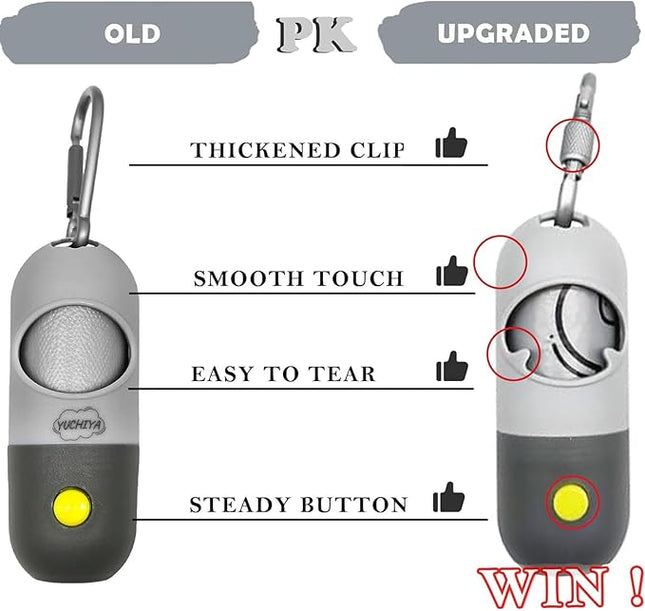 Dog Poop Bags Holder with LED Flashlight|Pet Waste Bags Dispenser for Leash|Doggie Potty Bags Container with Leak-proof Pet Trash Bags and Accessories (Light Gray, 1 Holder 195 Bags)