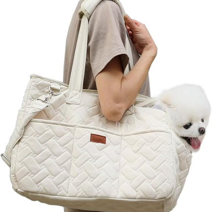 HSC PET Beige Small Dog Bag Woman,Cat Carrier Quilted Pet Soft Sided Leisure Pups Totes Traveling Go to Vet,Pet Function Handbag with 3 Pockets,12 lbs Puppy/15 lbs Cat or Kittens