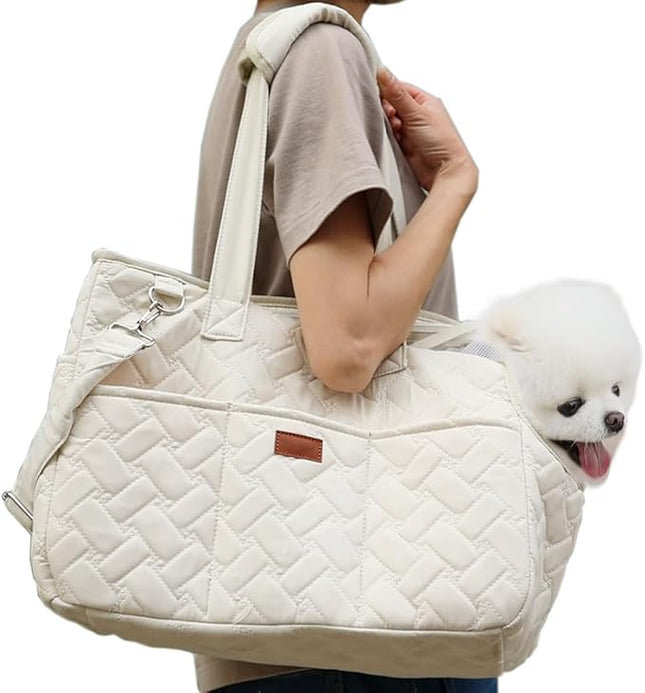 HSC PET Beige Small Dog Bag Woman,Cat Carrier Quilted Pet Soft Sided Leisure Pups Totes Traveling Go to Vet,Pet Function Handbag with 3 Pockets,12 lbs Puppy/15 lbs Cat or Kittens