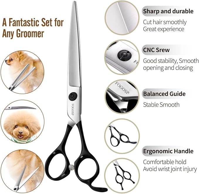 Professional 7.5" Dog Grooming Scissors Kit 4pcs, JP 440C Stainless Steel Curved Blender Straight Chunker Shears for Dog Cat and Pets (7.5 in Kit, Black)