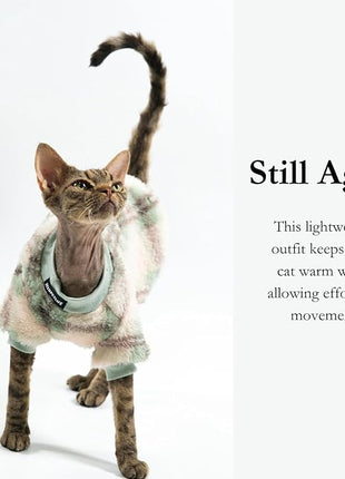 Cat Double-Sided Fleece Clothes, Soft Warm Winter Jumpsuit Sweater Shirt Clothing for Hairless Sphynx, Devon & All Indoor Kittens (Khaki,L)