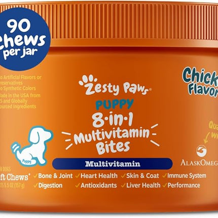 Zesty Paws Dog Multivitamin, Chewable Dog Vitamins and Supplements for Hip & Joints, Skin & Coat, Omega 3 Fish Oil for Dogs- Puppy Multivitamin - Chicken Puppy Bites- 90ct