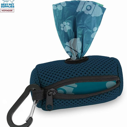 Best Pet Supplies Dog Poop Bag Holder Leash Attachment with 15 Bags, Blue, Reusable Mesh Dispenser Pouch for Travel, Walking, Park, and Outdoor Use, Soft and Durable with Clip-On