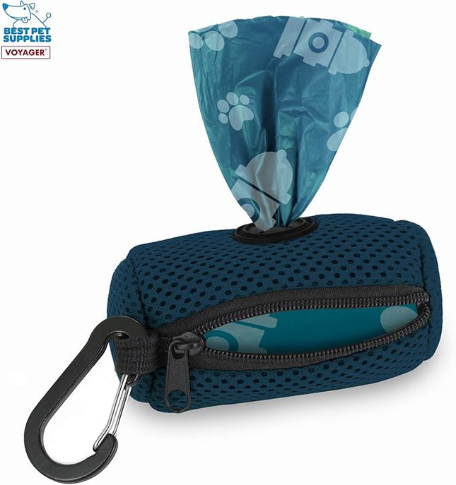 Best Pet Supplies Dog Poop Bag Holder Leash Attachment with 15 Bags, Blue, Reusable Mesh Dispenser Pouch for Travel, Walking, Park, and Outdoor Use, Soft and Durable with Clip-On