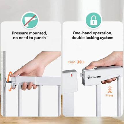 COMOMY 30" Tall Baby Gate for Stairs Doorways, Fits Openings 29.5" to 40.5" Wide, Auto Close Extra Wide Dog Gate for House, Pressure Mounted Easy Walk Through Pet Gate with Door, White