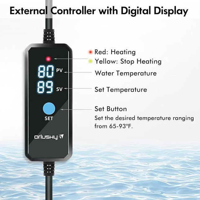 Orlushy 100W Submersible Aquarium Heater, Adjustable Fish Tank Heater with Digital Display External Controller, Overheat Protection and Free Thermometer for 10-20 Gallon Freshwater and Saltwater Tank