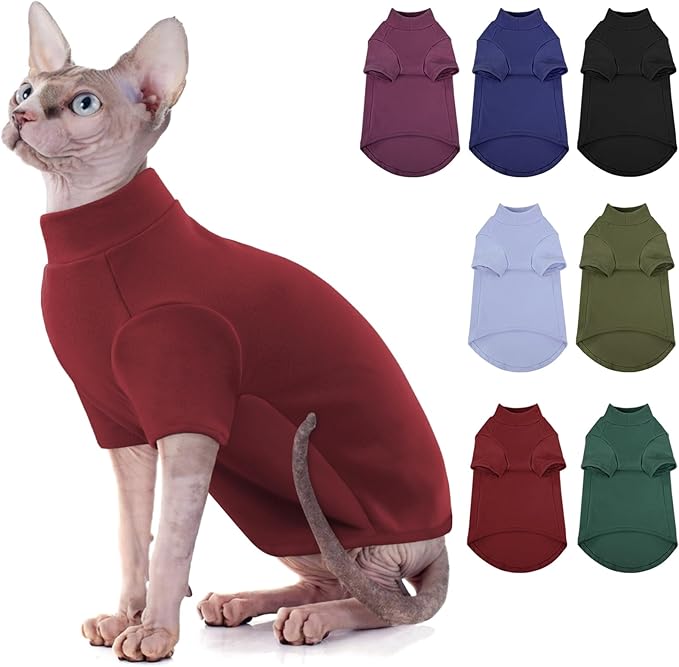 SUNFURA Turtleneck Sweater for Cat, Sphynx Hairless Cats Shirt Sweaters with Sleeves, Warm and Soft Kitten Pullover Fleece Winter Pajamas Jumpsuit for Puppy, Burgundy S