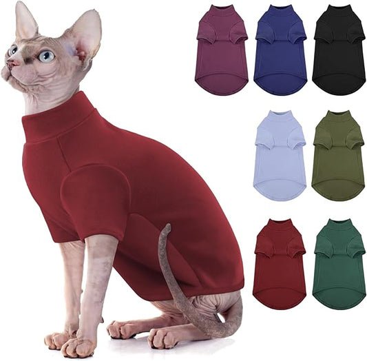 SUNFURA Turtleneck Sweater for Cat, Sphynx Hairless Cats Shirt Sweaters with Sleeves, Warm and Soft Kitten Pullover Fleece Winter Pajamas Jumpsuit for Puppy, Burgundy S