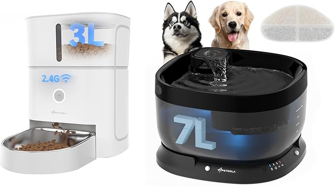 Cordless Dog Water Fountain 7L,Battery Operated Wirelss Dog Water Dispenser +3L Automatic Cat Feeder,5G & 2.4G Wi-Fi Timed Cat Food Dispenser, 1-10 Meals Per Day