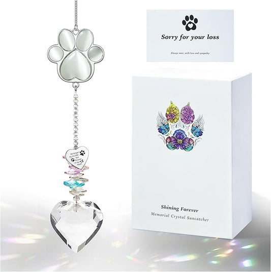 Pet Memorial Suncatcher - Loss of Dog Sympathy Gift, Pet Memorial Gifts for Dogs, Thoughtful Dogs and Cats Bereavement Remembrance Gifts, Gemstone Paw Crystal Suncatcher(White Stone)