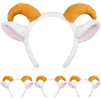 Beviliu Goat Ears Headband with Ram Horns, Animals Ears and Horns Headband, Sheep Ears Custome Lamb Ears Headwear for Halloween Christmas Birthday Party Theme Cosplay, 4Pack