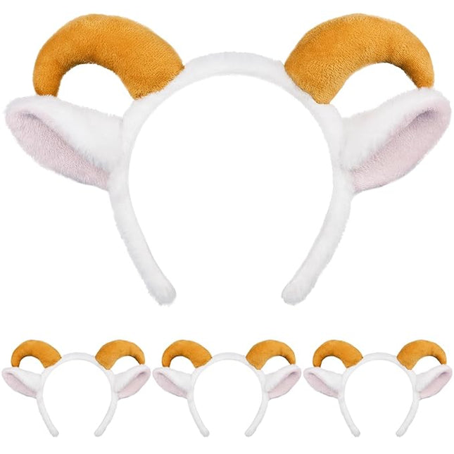 Beviliu Goat Ears Headband with Ram Horns, Animals Ears and Horns Headband, Sheep Ears Custome Lamb Ears Headwear for Halloween Christmas Birthday Party Theme Cosplay, 4Pack