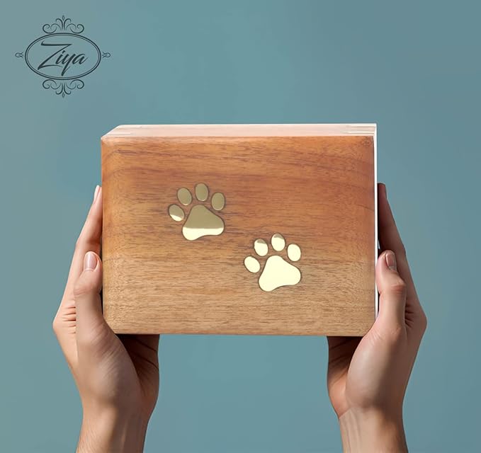 ZIYA Wooden Small Cremation Pet Urn for Dog and Cat Ashes Box | Handmade Wood Memorial Pet Urn | Brass Paws Inlaid | Pet Memorial | Funeral Urns for Pet Ashes | Mini Keepsake | up to 12 Pounds