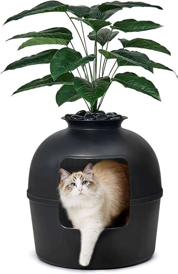 Secret Litter Box by Bundle & Bliss - Hidden Litter Box Enclosure, Patented Design with Odor Control, Includes Faux Plant, Carbon Filter and Real Stones (Matte Black)