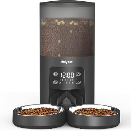 Automatic Cat Feeders for 2 Cats - 6L Food Dispenser with Double Bowls, Programmable Timed Feeder up to 6 Meals per Day with 10S Voice Recorder, Support Dual Power Supply