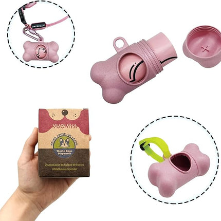 Dog Poop Pickup Bags Holder Dispenser with 1 Roll Random Color Leak-proof Scented Doggy Waste Bags and Carabiner with Safety Lock Plus Hook and Loop Fastener Never Loose on Leash Lead Again (Pink)