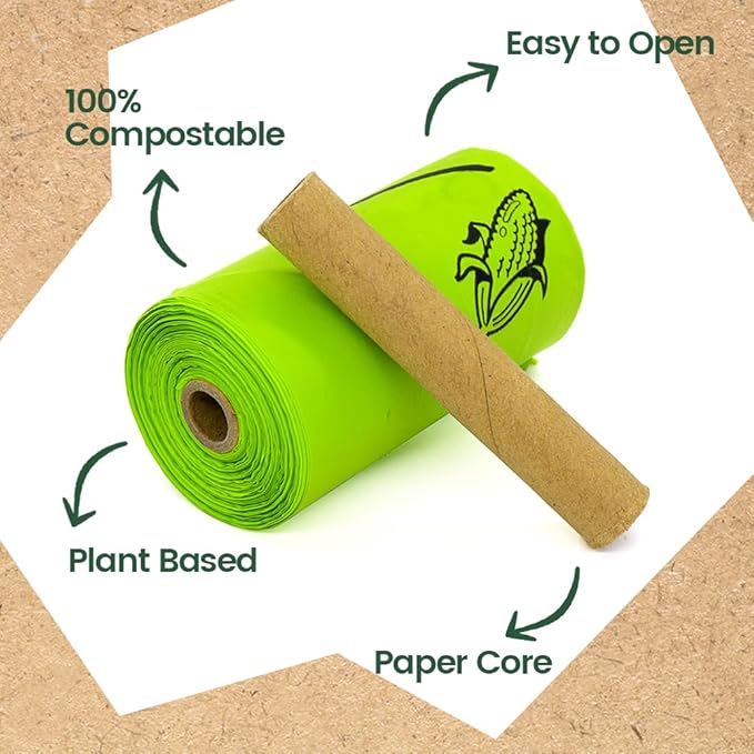 Ley's Compostable Dog Poop Bags, Plant-Based Biodegradable Doggie Waste Bags with Easy Tie Handles, Unscented, Vegetable-Based, Dog Bags Refill Rolls with Dispenser and Leash Clip