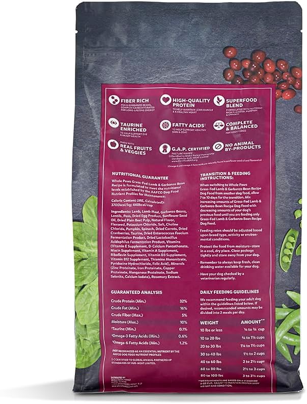 Whole Paws by Whole Foods Market, Grain-Free Adult Dog Food, Grass-Fed Lamb & Garbanzo Bean Recipe, 4 Pound