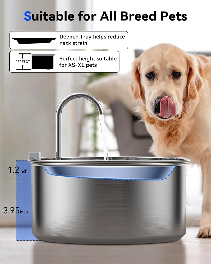 3.4Gal Dog Water Fountain for Large Dogs, 13L Stainless Steel Large Pet Fountain with Deeper & Wider Drinking Area, Automatic Dog Water Bowl Dispenser with Water Window(with 7 Filters)