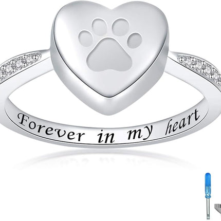 925 Sterling Silver Love Heart Urn Ring for pet Dog Cat's Ashes Keepsake Memorial Tiny Jewelry Forever in My Heart Paw Print Cremation Finger Rings