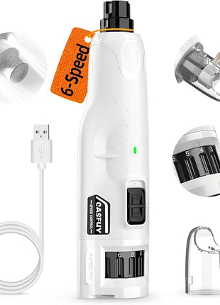 Casfuy Dog Nail Grinder Quiet - (45db) 6-Speed Pet Nail Grinder with 2 LED Lights for Large Medium Small Puppy Dogs/Cats, Professional 3 Ports Rechargeable Electric Dog Nail Trimmer with Dust Cap