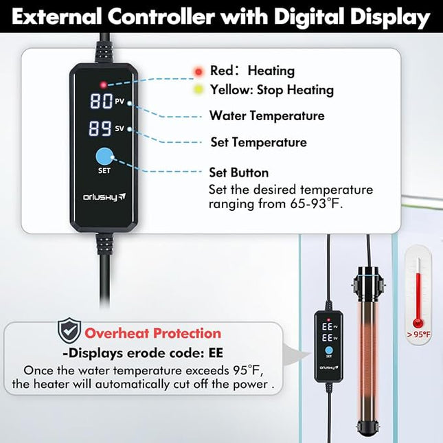 Orlushy 500W Submersible Aquarium Heater, Adjustable Fish Tank Heater with Digital Display External Controller, Overheat Protection and Free Thermometer for 55-80 Gallons Freshwater and Saltwater Tank