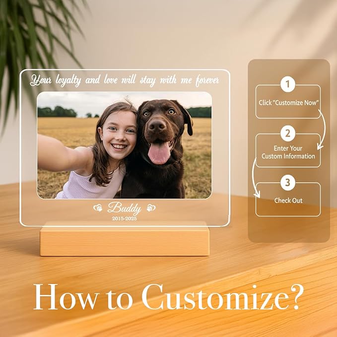 Personalized Pet Memorial Gifts, Dog Memorial Gifts for Loss of Dog, Pet Loss Gifts in Memory of Dog Night Lights, Custom Dog Memorial Plaque, Cat Memorial Photo Frame, Pet Sympathy Gifts