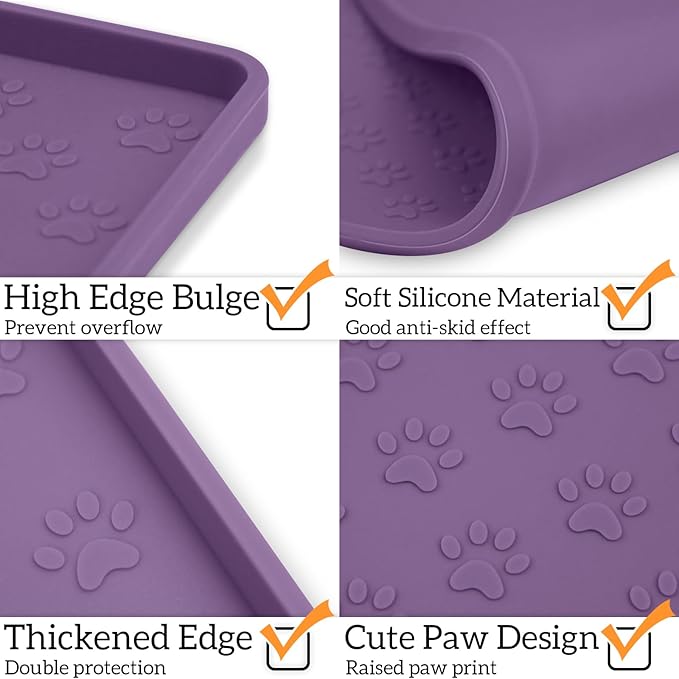 Ptlom Silicone Dog Food Mat Waterproof Pet Feeding Mat with High-Lips, Anti-Slip Dog Bowl Mat for Food & Water, Non-Spill Puppy Feeding Tray for Small, Medium & Large Dogs and Cats, Purple