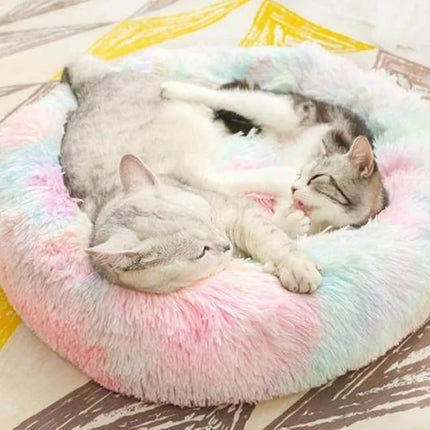 Cat Beds for Indoor Cats - Anti Anxiety Round Dog Beds for Small Medium Dogs, Fluffy Plush Faux Fur Pet Bed (Rainbow, Large 24" L x 24" W)