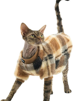 Cat Double-Sided Fleece Clothes, Soft Warm Winter Jumpsuit Sweater Shirt Clothing for Hairless Sphynx, Devon & All Indoor Kittens (Khaki,XXXL)