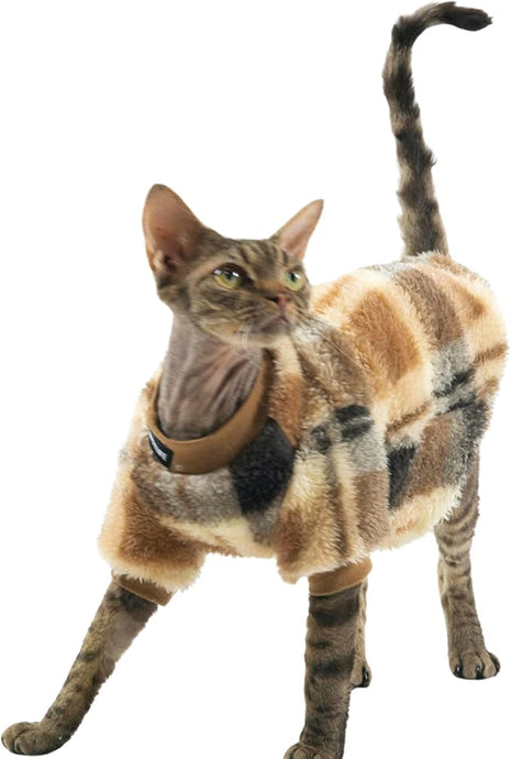 Cat Double-Sided Fleece Clothes, Soft Warm Winter Jumpsuit Sweater Shirt Clothing for Hairless Sphynx, Devon & All Indoor Kittens (Khaki,XXXL)