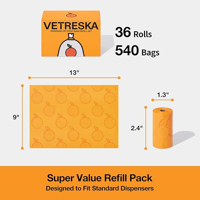VETRESKA Citrus Scented Dog Poop Bags, Leak Proof, Extra Thick and Large Pet Waste Bags for Dogs Walking, Cat Litter and Babies' Diaper, 540 Count Bags (36 Refill Rolls), Orange