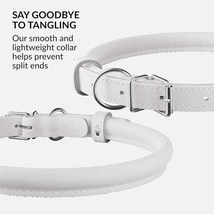 CollarDirect Rolled Leather Dog Collar, Soft Padded Round Puppy Collar, Handmade Genuine Leather Collar Dog Small Large Cat Collars 13 Colors (6 Inch, White Smooth)