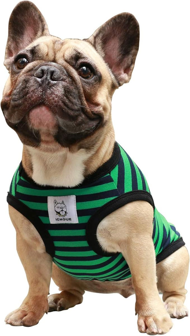iChoue English Bulldog 100% Breathable Cotton Striped T Shirts Halloween Vest Clothes for Medium Dogs Tank Tops French Frenchie Pug Boston Terrier Pitbull Green Black Stripes - XLarge