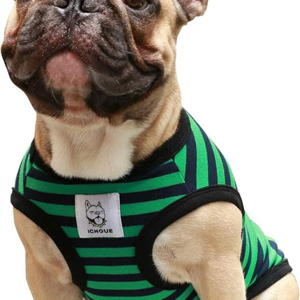 iChoue French Bulldog 100% Breathable Cotton Striped T Shirts Halloween Vest Clothes for Medium Dogs Tank Tops Frenchie Pug English Boston Terrier Pitbull Green Black Stripes - Large Plus