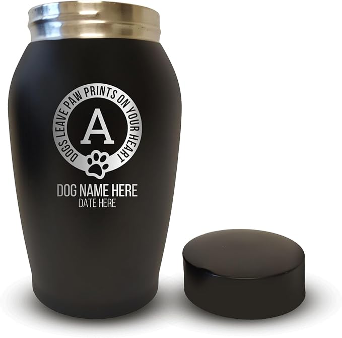 Personalized Custom Small Keepsake Urn Engraved with Pet Name, Date, and Dog Design - 5.2" Black Powder Coated Steel Cremation Urn for Dogs Ashes | 12-16 lb Capacity, Paw Prints on Hearts