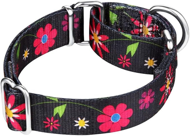 Comfortable Floral Print Martingale Dog Collars, Sun Flower, Large, Neck 17 Inch to 25 Inch, Adjustable Dog Collar Heavy Duty
