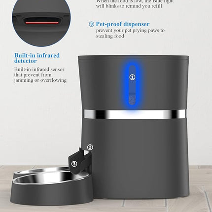 Automatic Cat Feeder, WellToBe Pet Feeder Food Dispenser for Cat & Small Dog with Two-Way Splitter and Double Bowls, up to 6 Meals with Portion Control, Voice Recorder - Battery and Plug-in Power