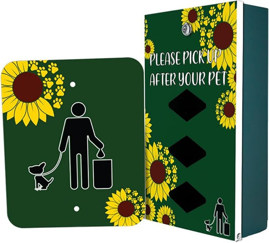 Dispense-Art™ Collection Sunflower - Custom UV Printed Design on Rust-Proof Aluminum Starter Dog Waste Station/roll Bag System - Includes 400 Dog Waste Bags & 10x12 Sign