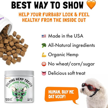 Calming Hemp Treats for Dogs Made in USA Organic Hemp Natural Separation Aid Helps Barking, Chewing, Thunder, Fireworks, Aggressive Behavior Soothing Stress Relief Natural Relaxation 120 Chews